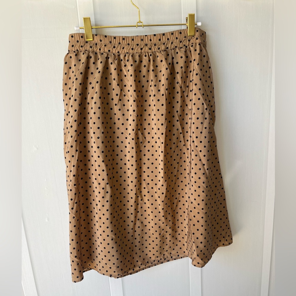 Mikarose Tan Skirt with Blue Polka Dots